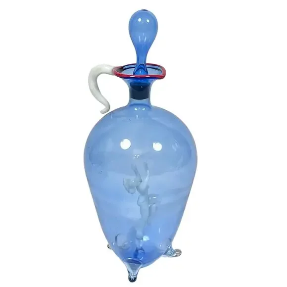 Vintage Bimini Blue Glass Liqueur Decanter Set by Fritz Lampl Blown Art 1920s - Picture 3 of 11